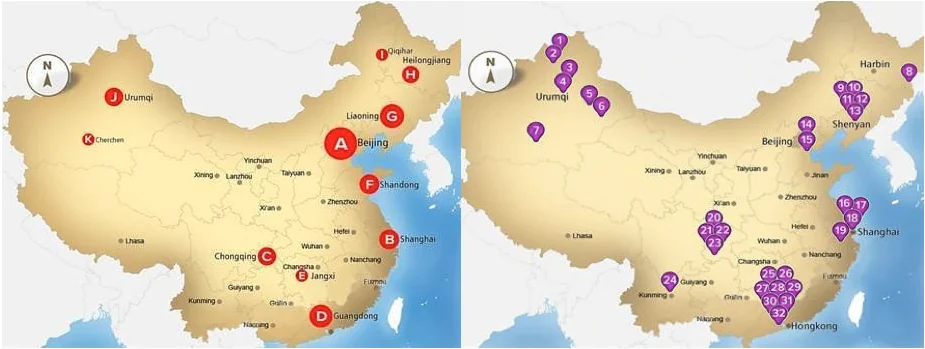 左為中國的監獄分布圖,右為中國的器官移植醫院以及研究所分布圖。(英國獨立人民法庭,大紀元合成)